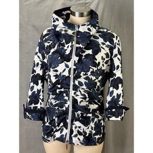 Joseph Ribkoff Womens Floral Print Jacket Hooded Zip Front‎ Navy White Sz 16